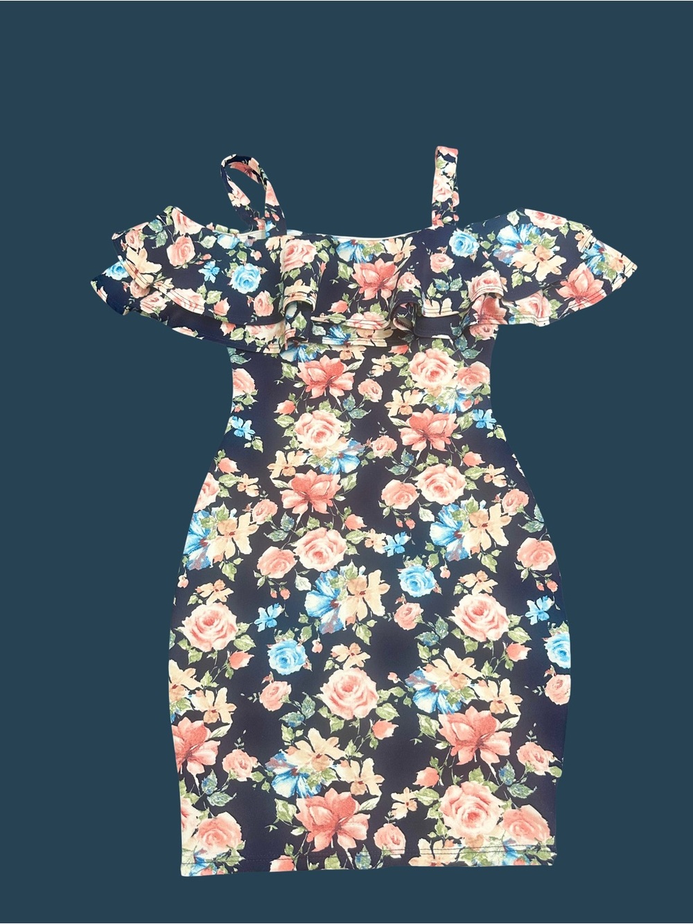 Navy Floral Off-Shoulder Ruffle Summer Dress